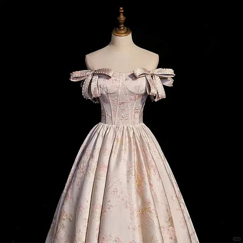 Girlhomeshops-Pink floral beaded long satin and floor formal ball gown with tie up dress gh5313