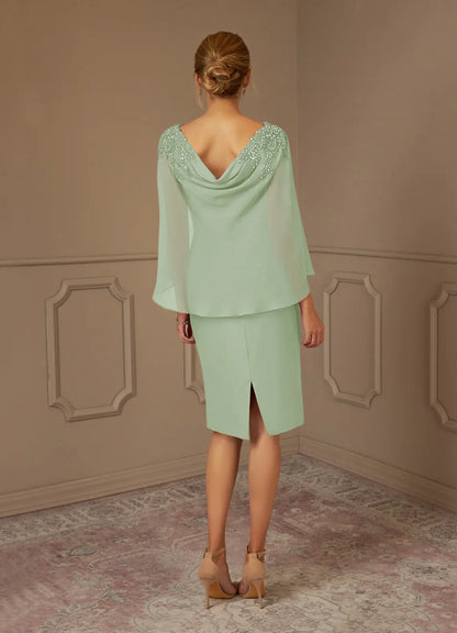 Sheath Lace Chiffon Tea Length Dusty Sage formal dresses evening dress Mother of the Bride Dresses