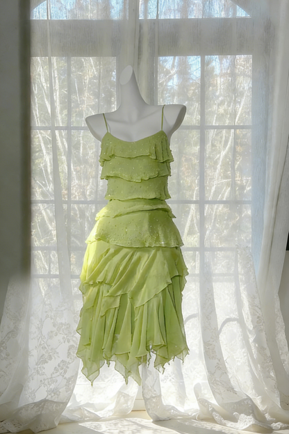 ✨Lime Green Ruffled Sequin Dress - Asymmetric Hem Cami Party Gown gh6941