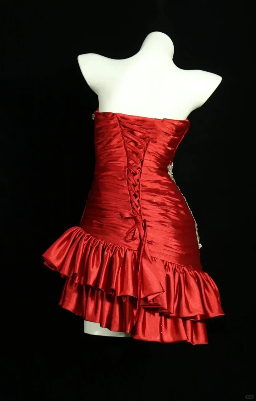 Vintage Red Strapless Sweetheart Design Sheath Satin Party Dress Homecoming Dress HZ1024