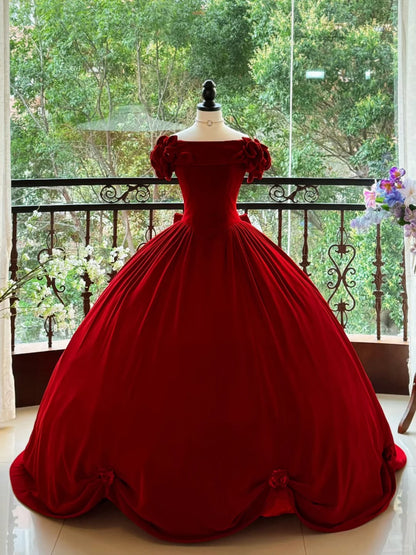 Girlhomeshops-Burgundy Elegant Retro Long Velvet Quinceanera Dresses Prom Dress Graduation Dress Princess gh5005
