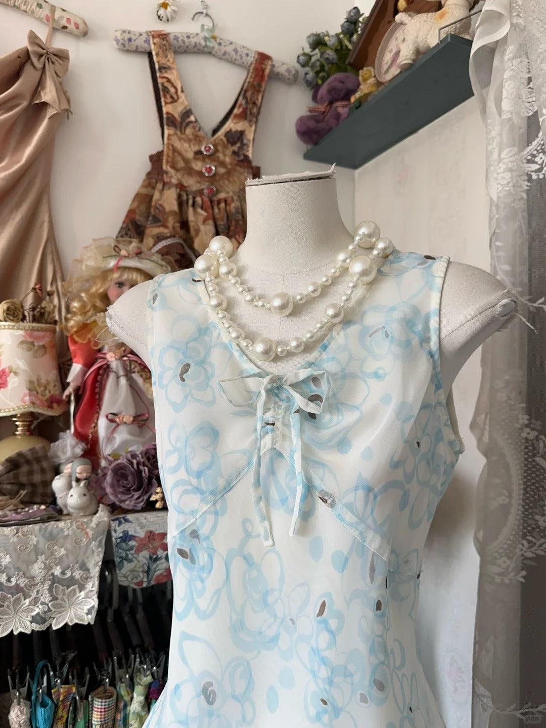 Girlhomeshops-Blue Floral Midi Chiffon Homecoming Dress Party Gown gh5247