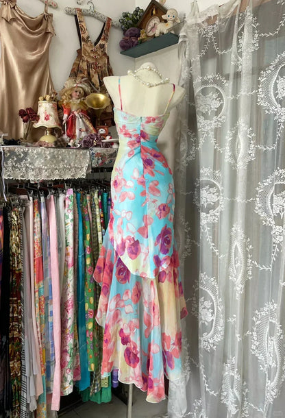 Vintage Floral Sweetheart Prom Dress Spaghetti Strap Evening Dress Long Sheath Formal Dress HZ1024