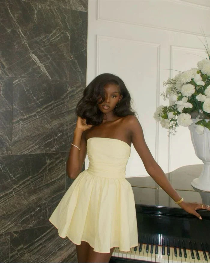 Vintage Faint Yellow Strapless A-Line Homecoming Dress Party Dress Cocktail Dress HZ1024