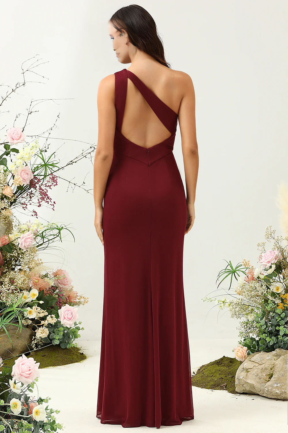 Wine red slit fish tail one shoulder chiffon bridesmaid dress