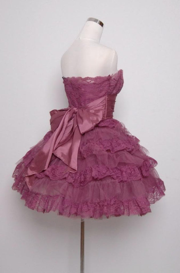 Elegant Strapless A Line Lace Short Prom Dress Tiered Cocktail Dresses