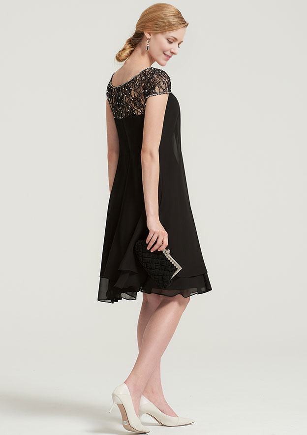 A-linePrincess Bateau Short Sleeve Knee-Length Chiffon Mother of the Bride Dress With Beading Ruffles Short