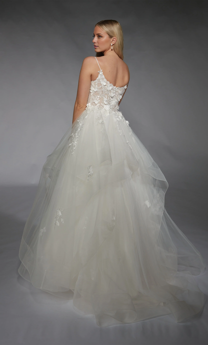 Chiffon lace deep V-neck backless 3D floral lace applique ruffle edge wedding dress