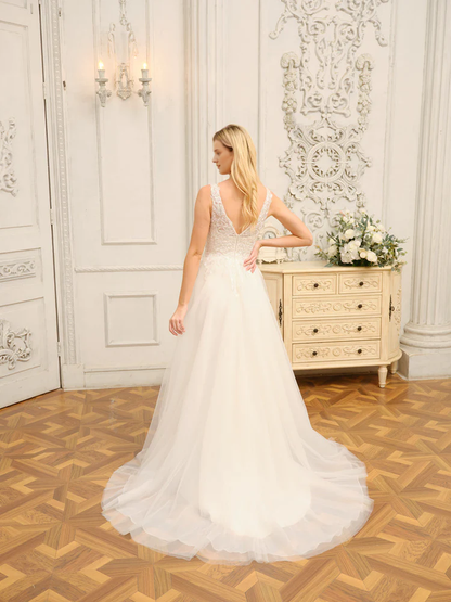 A-line princess V-neck decal sleeveless long wedding dress