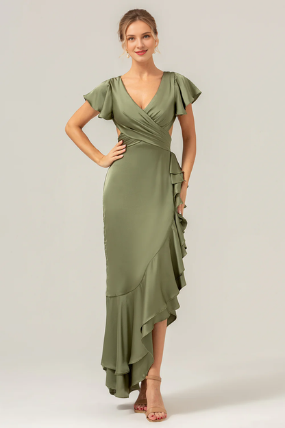 A-line V-neck asymmetrical olive ruffled slit bridesmaid dress