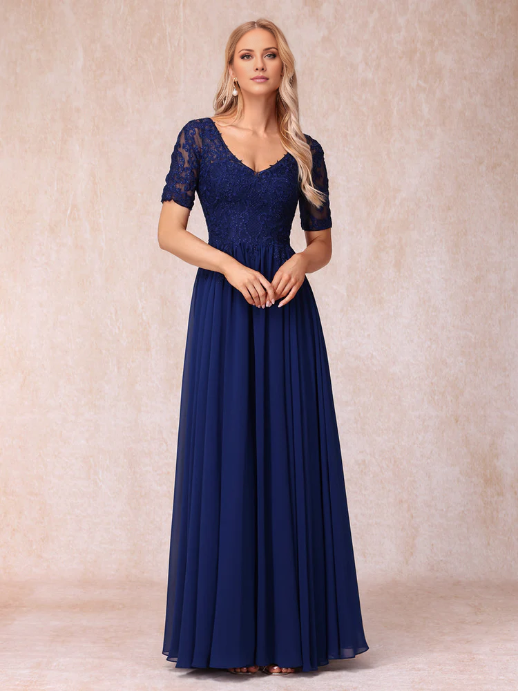 A-line/Princess V-neck short sleeved long formal mother of the bride dress