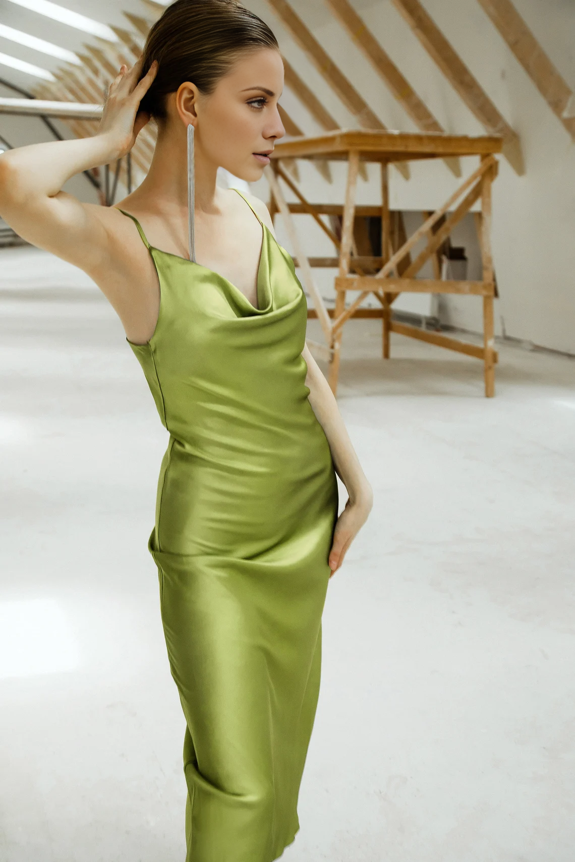 Jimiss - Thin Shoulder Strap Neck Collar Satin Sleeveless Off Shoulder Long Prom Dress