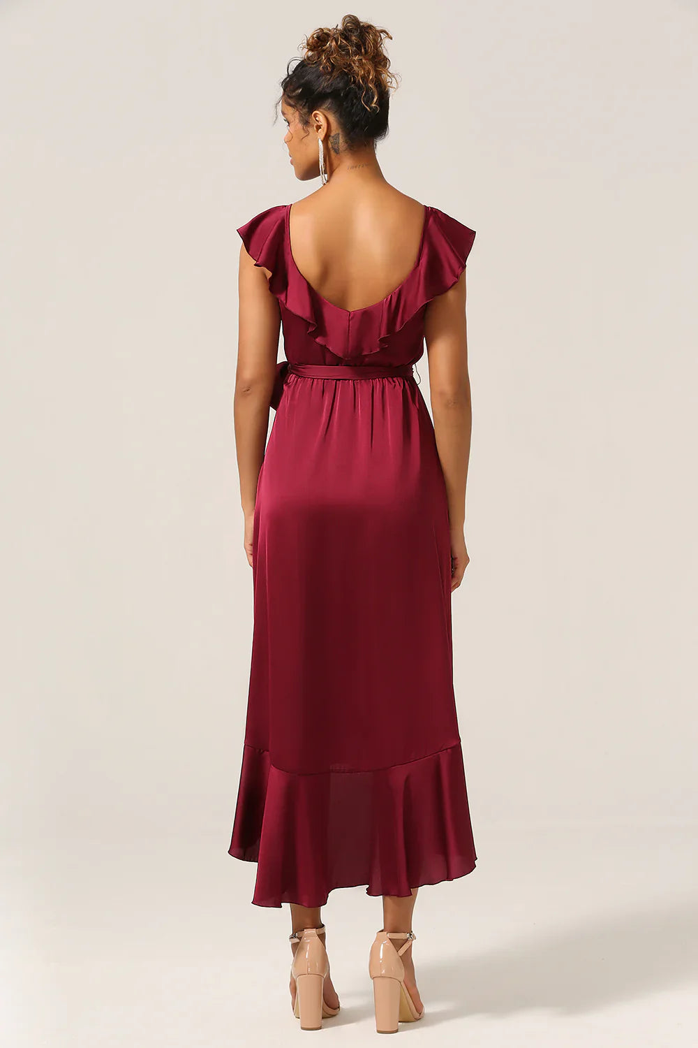 Wine red ruffled asymmetrical V-neck long bridesmaid dress