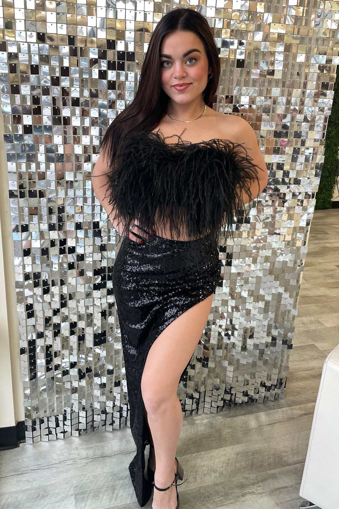 Two-Piece Black Feather High-Low Prom Dress