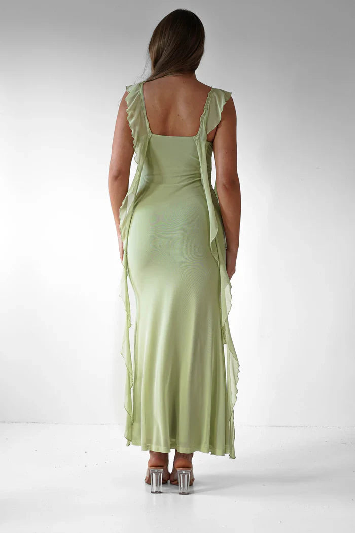 Square neck backless ruffle edge detail long Prom dress - Jimiss Dress