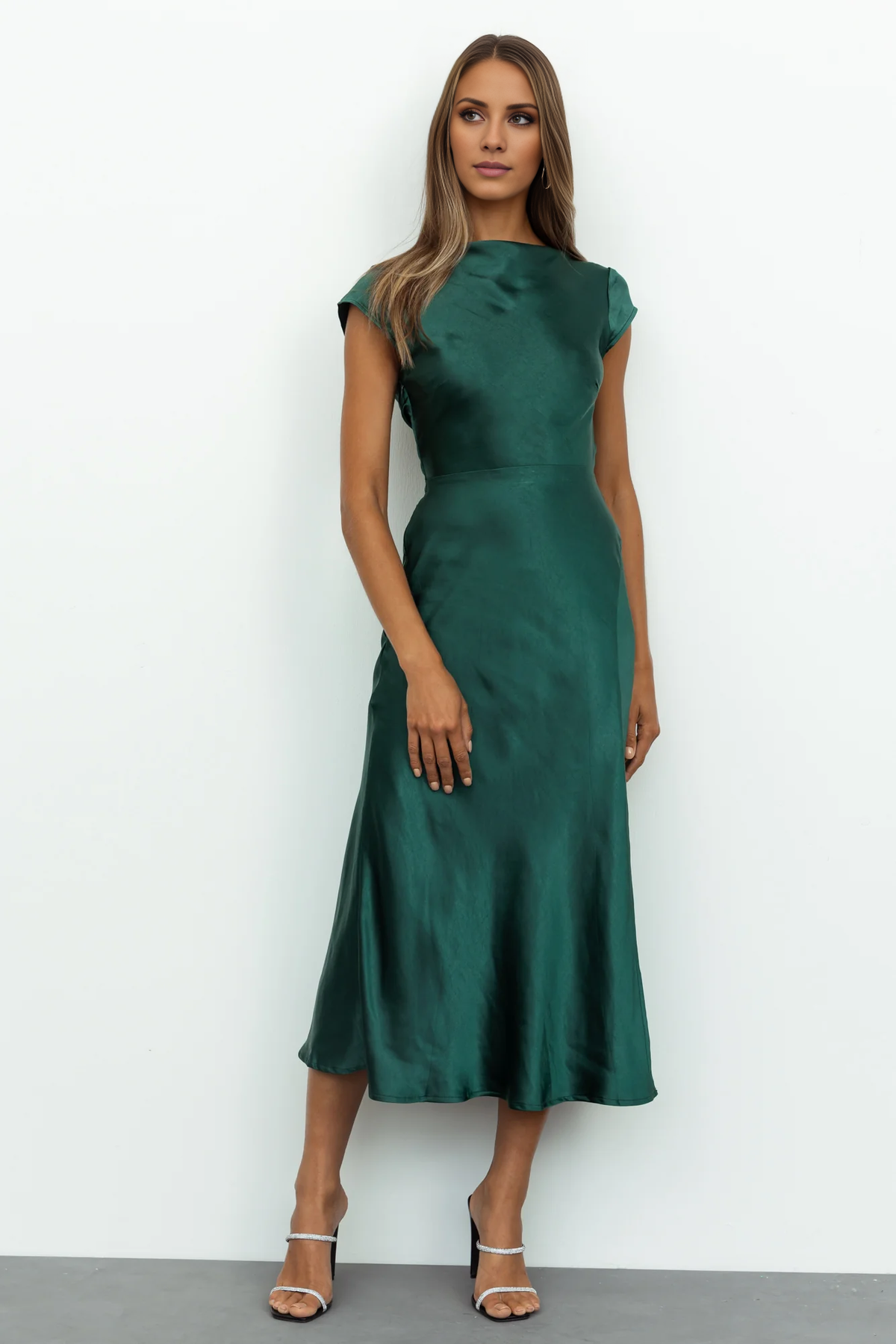 Jimiss boat neckline satin backless side slit long Prom dress