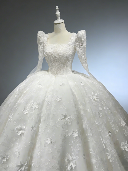 White Royal Style Puff Sleeve Ball Gown - Heavy Lace Embroidery Church Wedding Dress gh6968