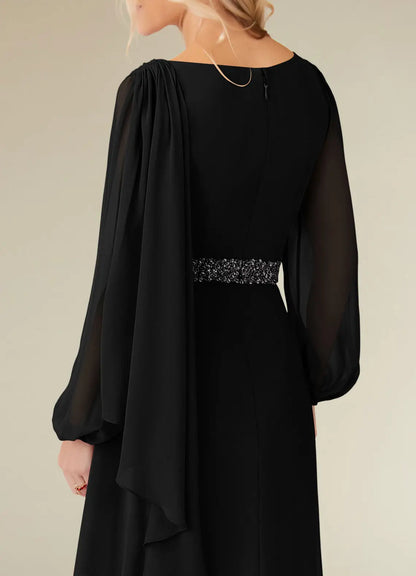 A-Line Boatneck Pleated Chiffon Long Sleeve Black Mother of the Bride Dresses