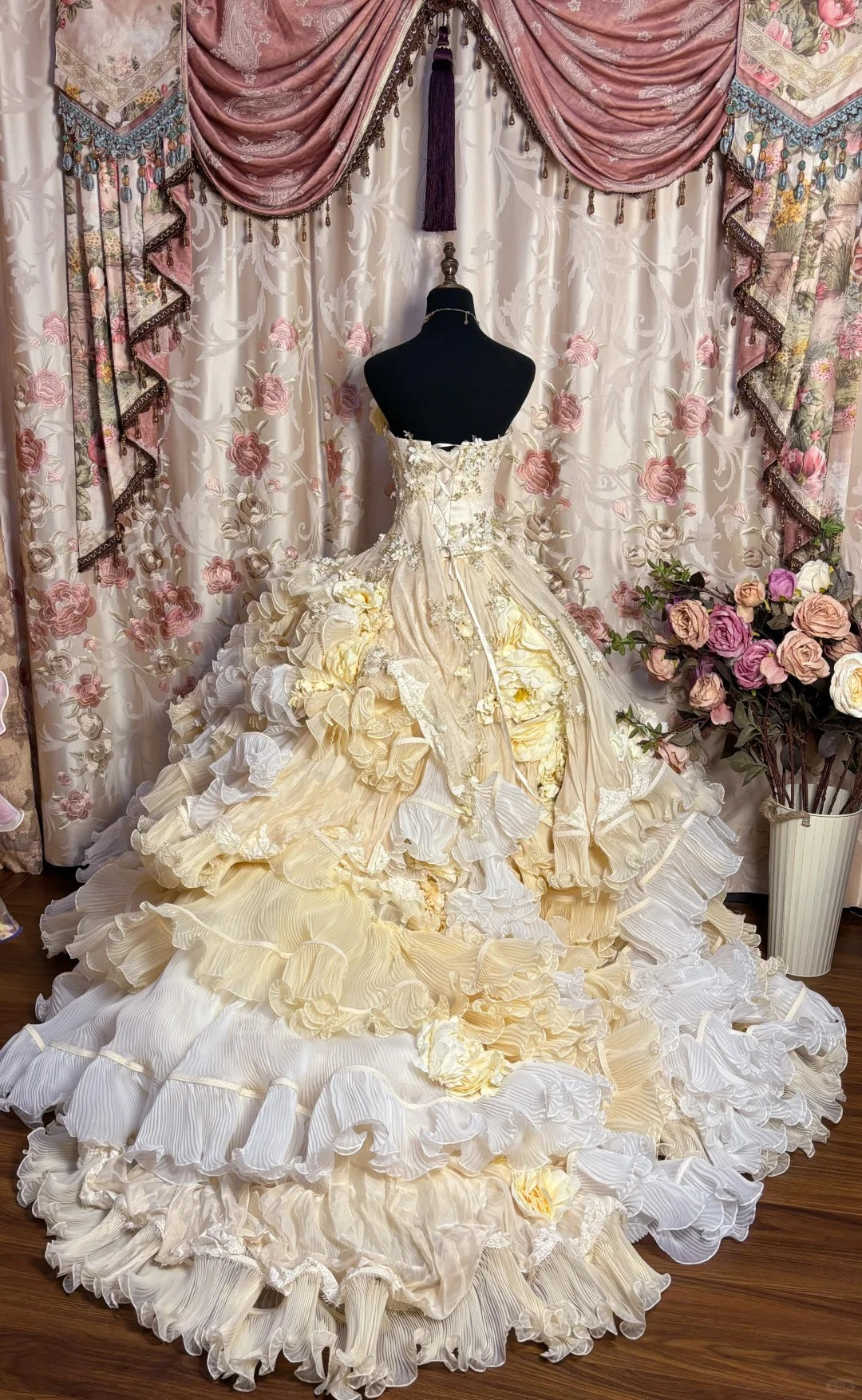 Yellow floral beaded long tulle ball gown evening gown adult gown wedding dress gh4572