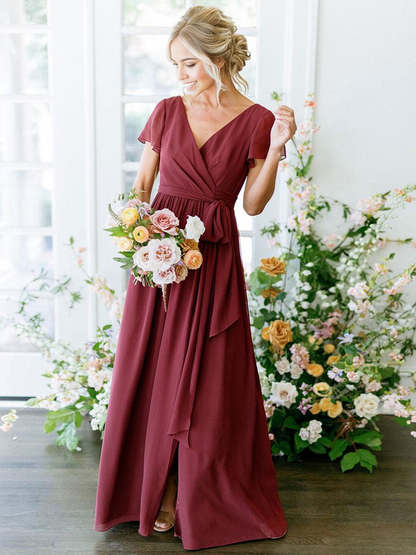 A-Line V-Neck Short Sleeve Floor-Length Zipper Chiffon Burgundy Wedding Party Dress formal dresses evening gown Bridesmaid Dress
