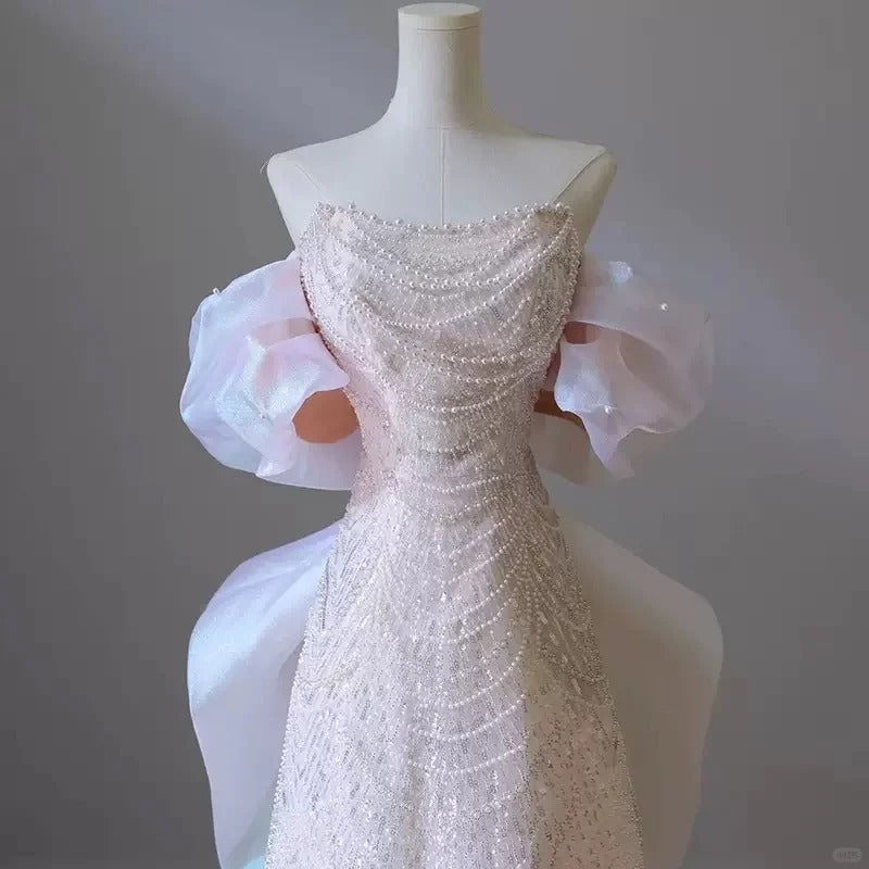 Girlhomeshops-Pink gorgeous sparkling pearl pearl embellishment long tulle and floor formal ball dress gh5315