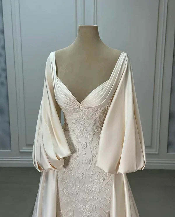 Girlhomeshops-Ivory white long-sleeved satin long floor-length wedding dress prom dress gh5390