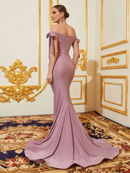 Mermaid off shoulder knot side fold front and floor length formal dresses