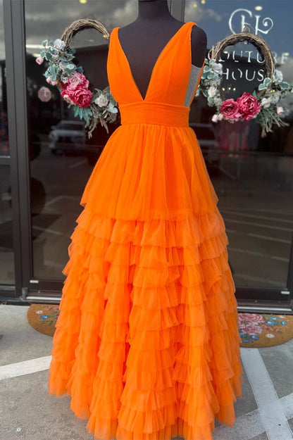 Multi-Tiered Lavender Plunge Neck A-Line Long Prom Dress
