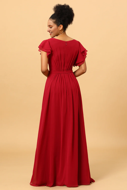 Wine red ruffled pleated long chiffon bridesmaid dress