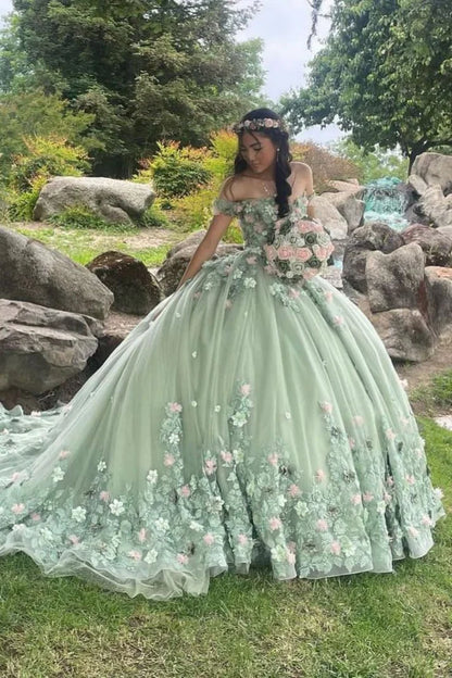 Elegant Sage Green Applique Off-the-shoulder Sweet 16 Quinceanera A-Line Floor-length Prom Dress Birthday Dress Evening Dress Ball Gown HZ1024