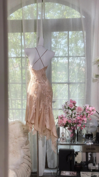 Fashion Sequin Beading Spaghetti Strap A-line Satin Party Dresses Homecoming Dresses HZ1024