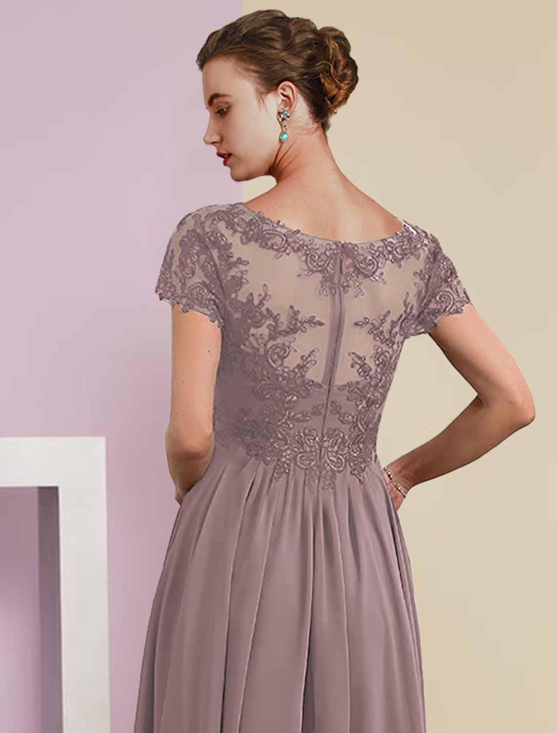 Two Piece A-Line Mother of the Bride Dress Formal Wedding Guest Elegant V Neck Lace Short Sleeve Wrap Included with Pleats Appliques