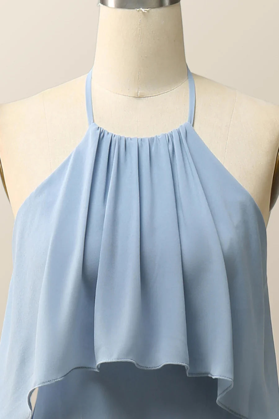 Halter Misty Blue Ruffle Chiffon Long Bridesmaid Dress