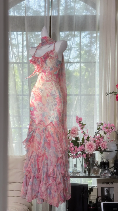 Elegant Fairy Mermaid Long Chiffon Spaghetti Strap Ball Gown Evening Dress Prom Dresses HZ1024