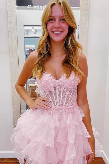 A-Line Strapless Appliques Ruffle Sleeveless Short Homecoming Dress