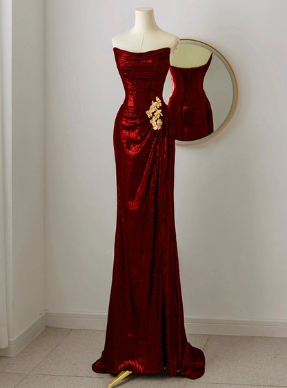 Charming Sequins Burgundy Strapless Long Evening Dress Mermaid Party Dress Prom Dress cc1464