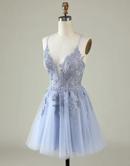 Spaghetti Straps Tulle Appliques Short Backless Prom Dress Party Dress cc1778