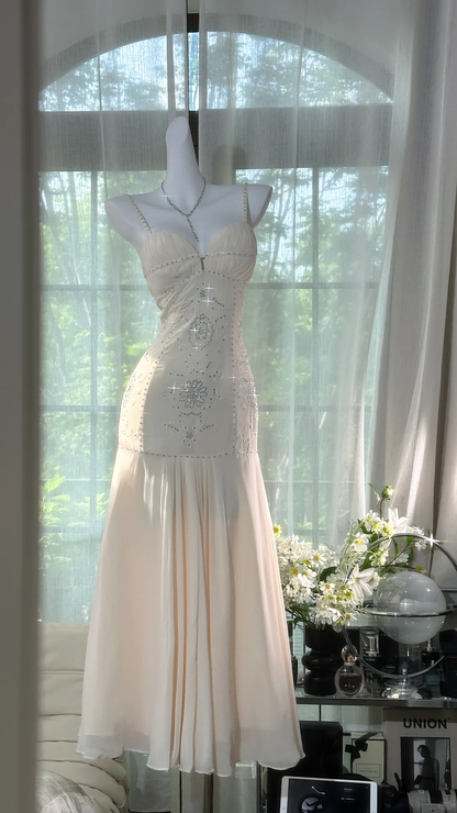 Shiny Ivory Sequined Sweetheart Spaghetti Strap Design Chiffon Prom Dress Evening Dress HZ1024