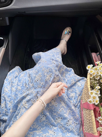 Vintage Light Blue Floral Prom Dress A-Line Short-sleeve Evening Dress Long Summer Dress HZ1024
