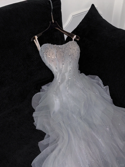 Fashion Sparkling White Beaded Sequin Mermaid Elegant Tulle Evening Dress Prom Dresses HZ1024