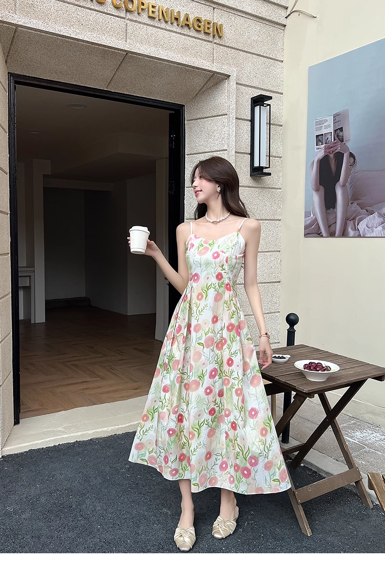New Fashion Floral Design A-line Sleeveless Spaghetti Strap Dress HZ1024