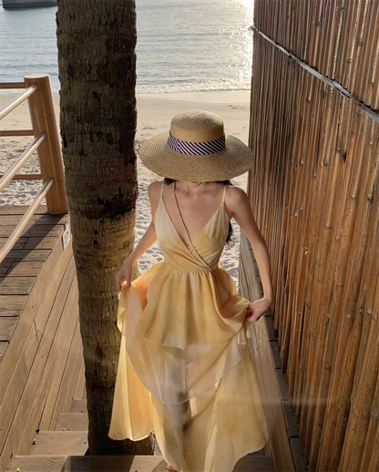 New Simple Yellow Floral Design A-Line Beach Holiday Spaghetti Strap Dress HZ1024