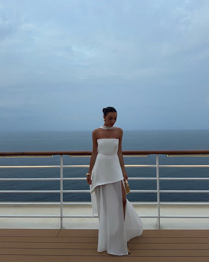 White Strapless Satin Chiffon Split Holiday Summer Prom Dress