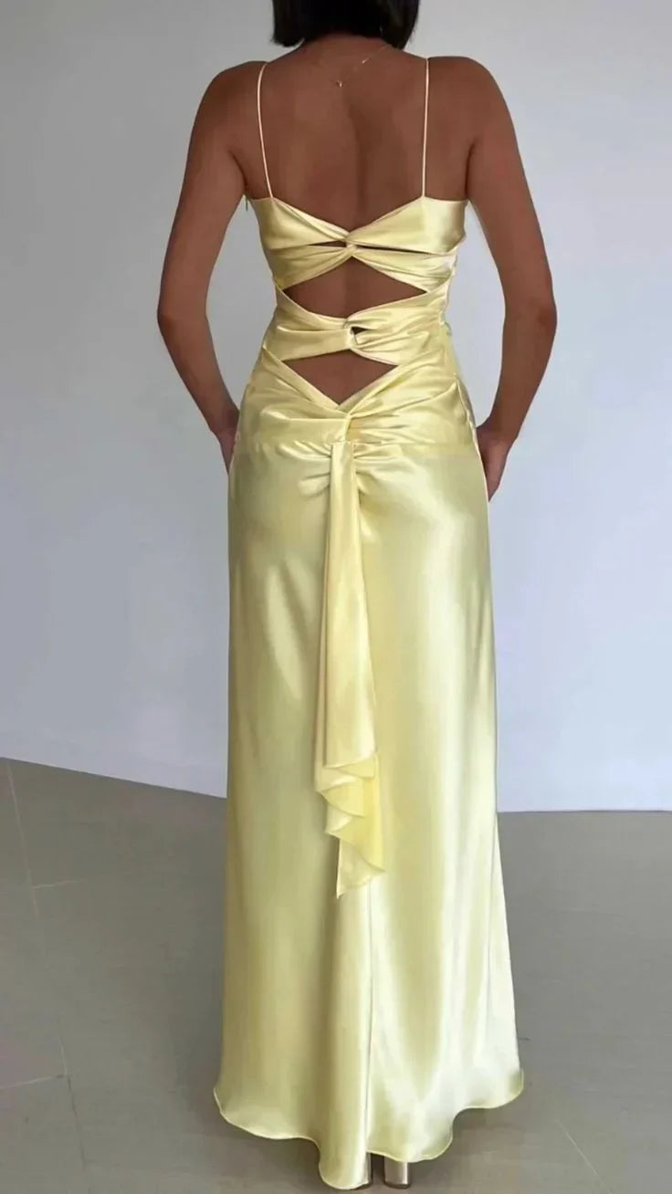 Vintage Yellow V-neck Mermaid Satin Spaghetti Strap Party Dress Evening Gown Bridesmaid Dress HZ1024