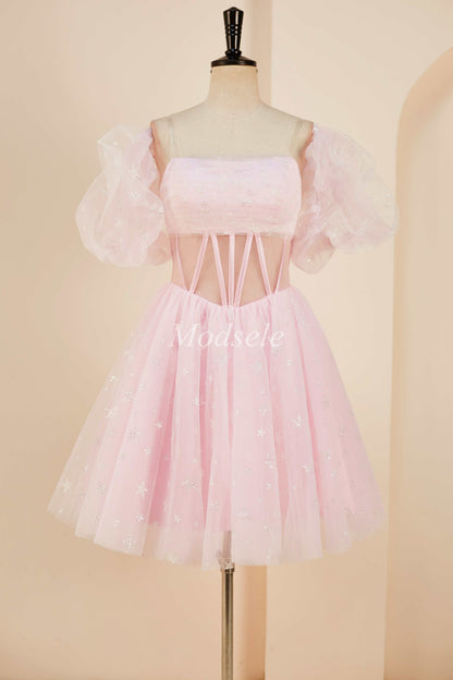 Pink Tulle Strapless A-Line Short Dress with Balloon Sleeves