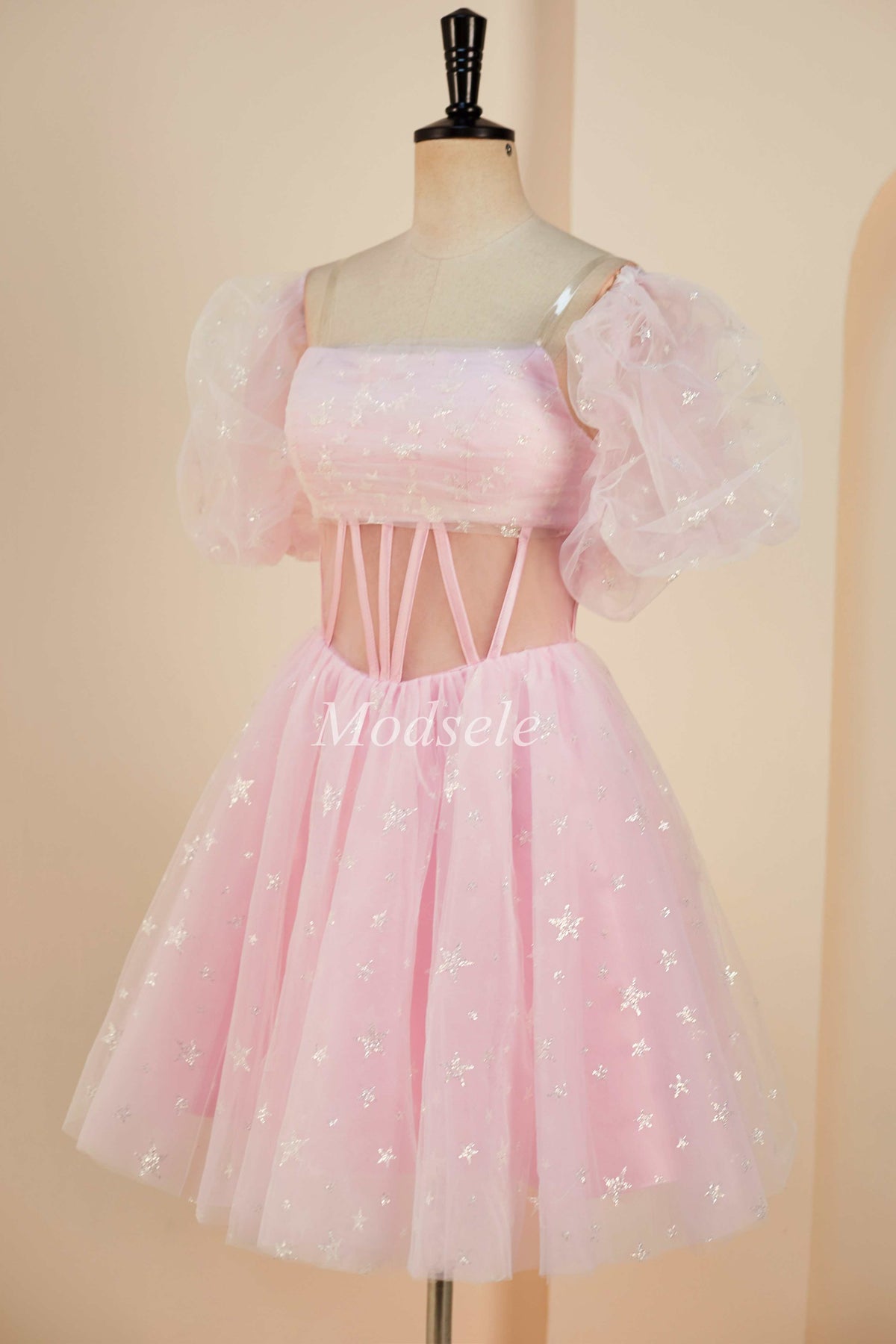 Pink Tulle Strapless A-Line Short Dress with Balloon Sleeves