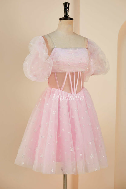 Pink Tulle Strapless A-Line Short Dress with Balloon Sleeves