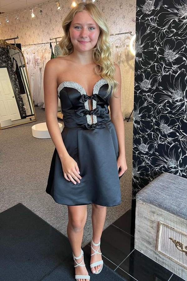 Strapless Black A-Line Beaded Satin Homecoming Dress