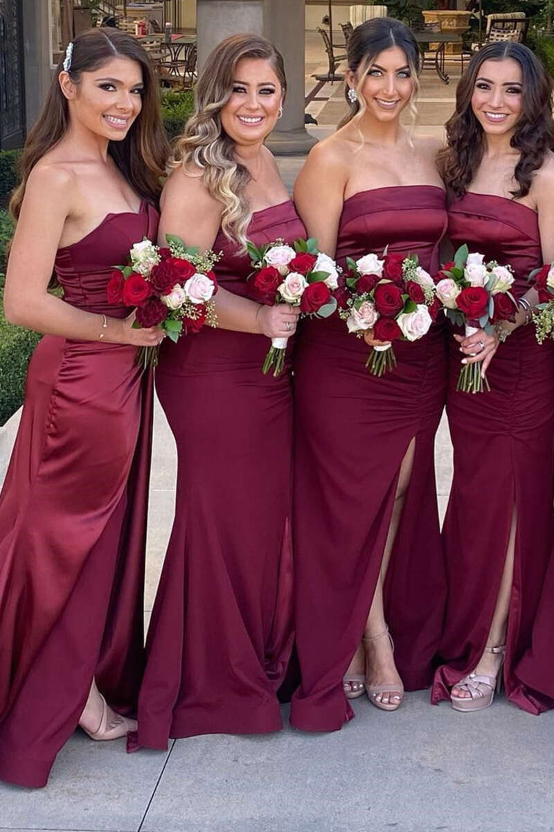 Burgundy Satin Strapless Long Bridesmaid Dress with Slit