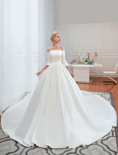 3/4 Sleeve Satin Aline Wedding Dress With Chapel Train